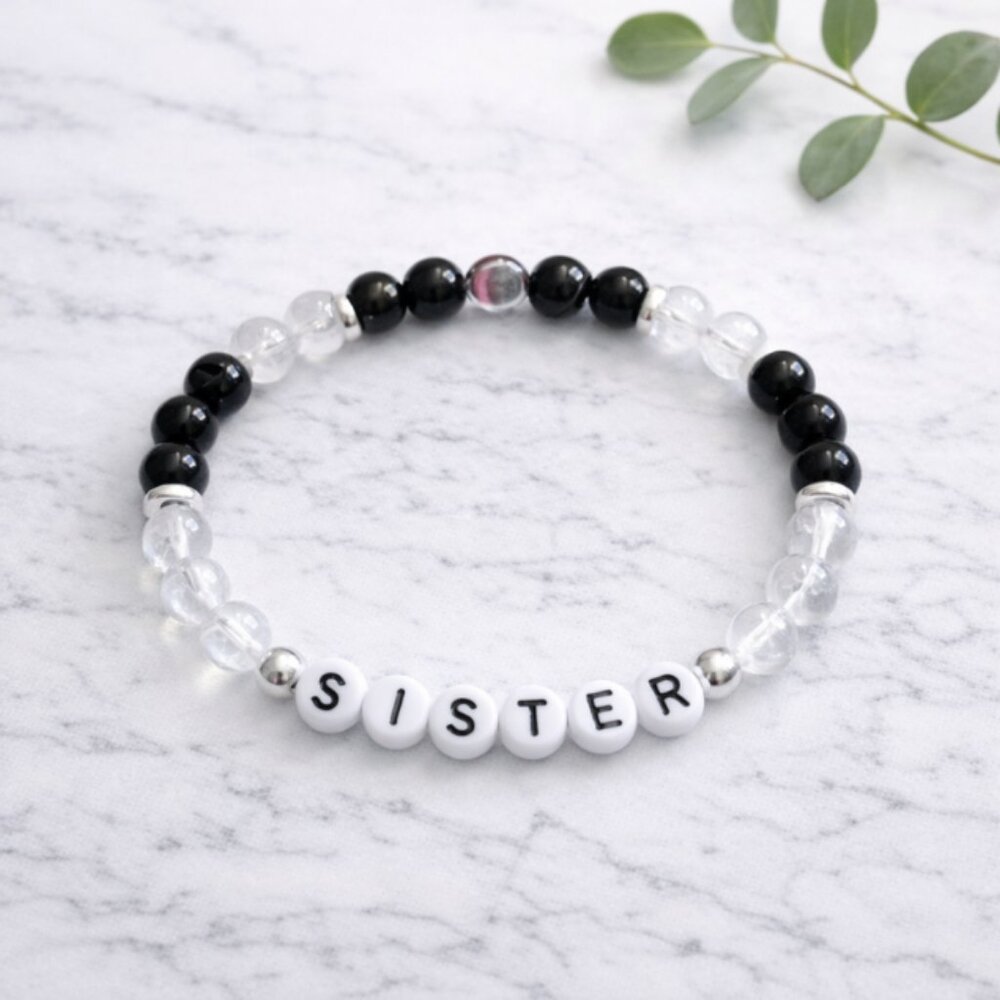 SISTER Clear Quartz Black Obsidian Crystal Bracelet 6mm Beads Jewelry Gift Ready
